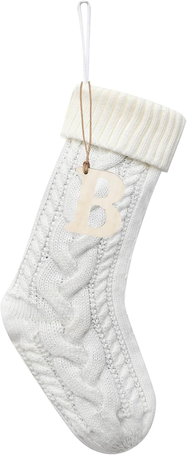 Stockings & Holders - Sxmder 19 Inches Personalized White Cable Knitted Christmas Stockings, Large Knitted Christmas Stockings with Wooden Letter Tag for Holiday Christmas Party Family Decor (Letter B)