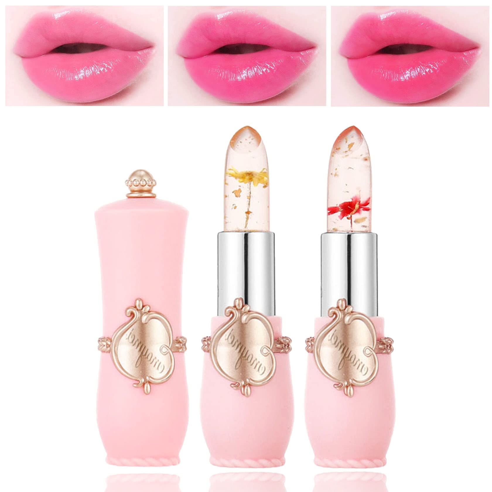 CAHIUYOA 2PCS Crystal Flower Lipstick, Magic Color Changing, Long Lasting, Moisturizing, Semi-Glossy Finish, Sheer Coverage, 2 Fl Oz, 2 Pack