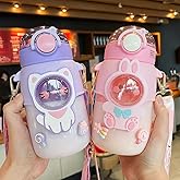 excvalues Kawaii Bear Water Bottle with Straw and Shoulder Strap, 25oz Cute Large Capacity Water Bottles with 3D Stickers for Girls, School (Purple)