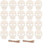Cabilock 20PCS Halloween Skull Wood Craft Blank Paintable Cutouts with Rope | 20 Piece Craft Set, Paintable Wood Shapes, Skull Design, DIY Halloween Decoration, Hanging Ornament Supplies