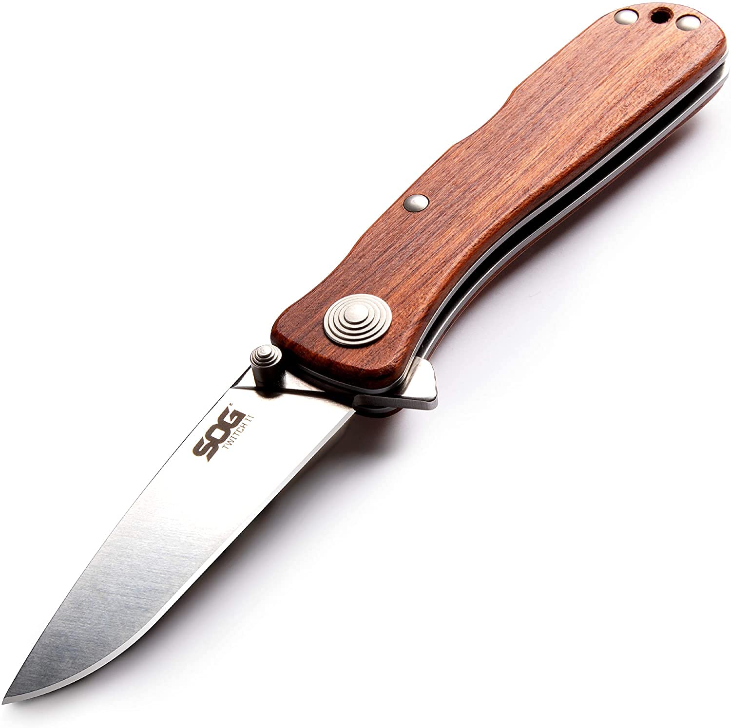 Photo 1 of SOG Twitch ll Drop Point Pocket Knife - SOG Assisted Technology EDC Knife with 2.65 Inch Stainless Steel Blade and Wood Handle- Satin (TWI17-CP)