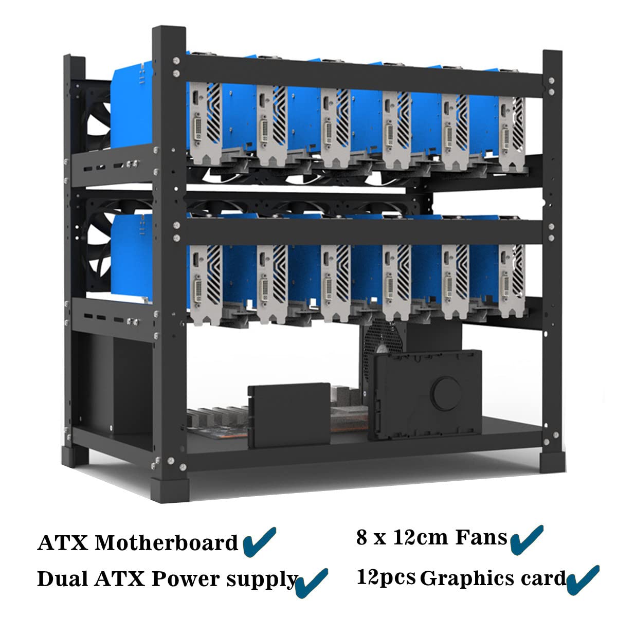 Mining Rig Frame for 12GPU, Steel Open Air Miner Mining Frame Rig Case, Support to Dual Power Supply for Crypto Coin Currency Bitcoin ETH ETC ZEC Mining Tools - Frame Only, Fans & GPU is not Included