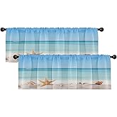 Emvency Summer Beach Valances for Windows 2 Pack, Sea Shells Starfish Blue Blackout Adjustable for Living Room Bathroom Bedroom Kitchen Over Sink, 18x52 Inch Rod Pocket Valances