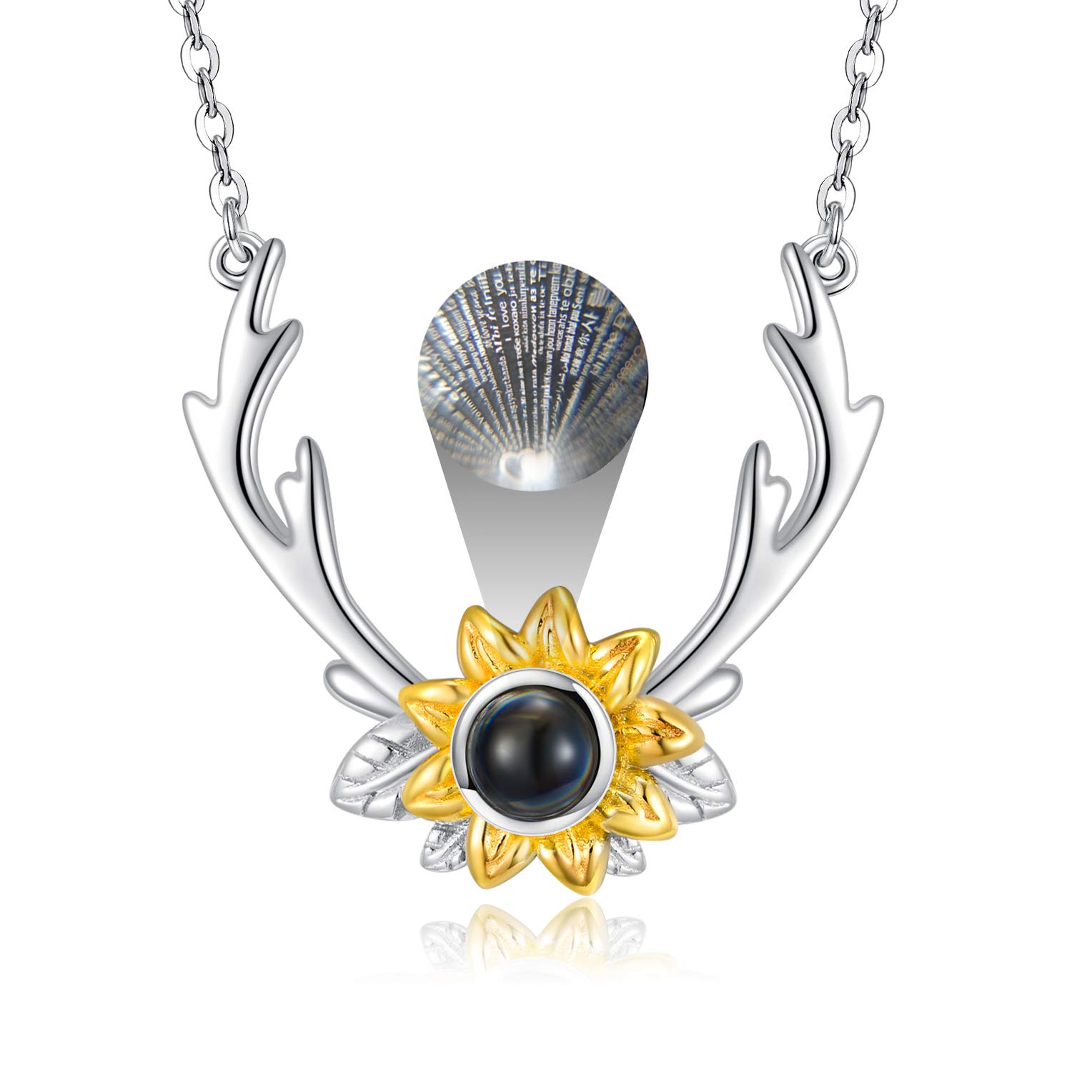 LONAGO Sunflower Necklace 925 Sterling Silver Deer Antler I Love You 100 Languages Necklace Jewelry for Women