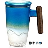 suyika Tomotime Ceramic Tea Cup with Infuser and Lid Tea Mugs Wooden Handle 400ml/13.5oz (Cyan blue)