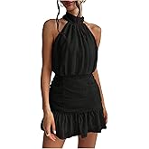 MakeMeChic Women's Ruched Halter Dress Tie Back Ruffle Sleeveless Bodycon Mini Dresses