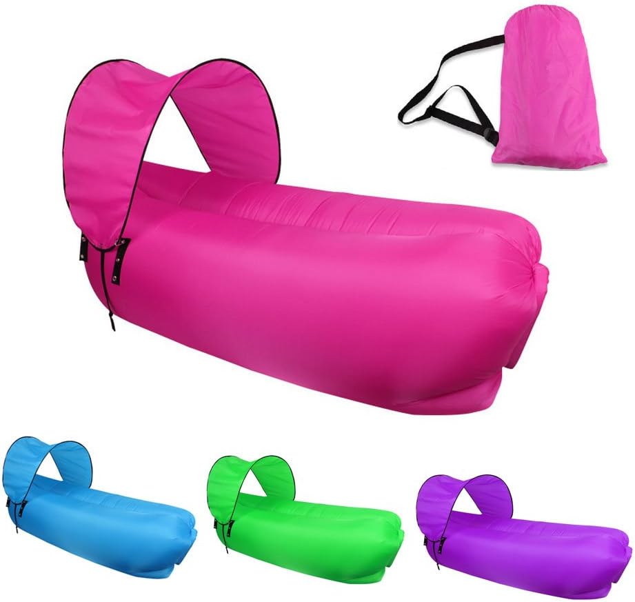 BRY Inflatable Outdoor Portable Lounge Chair,Waterproof Portable Sleeping Couch ,Air Sleeping Bag Sofa With UV Protection Mini Sun Canopy (Pink)