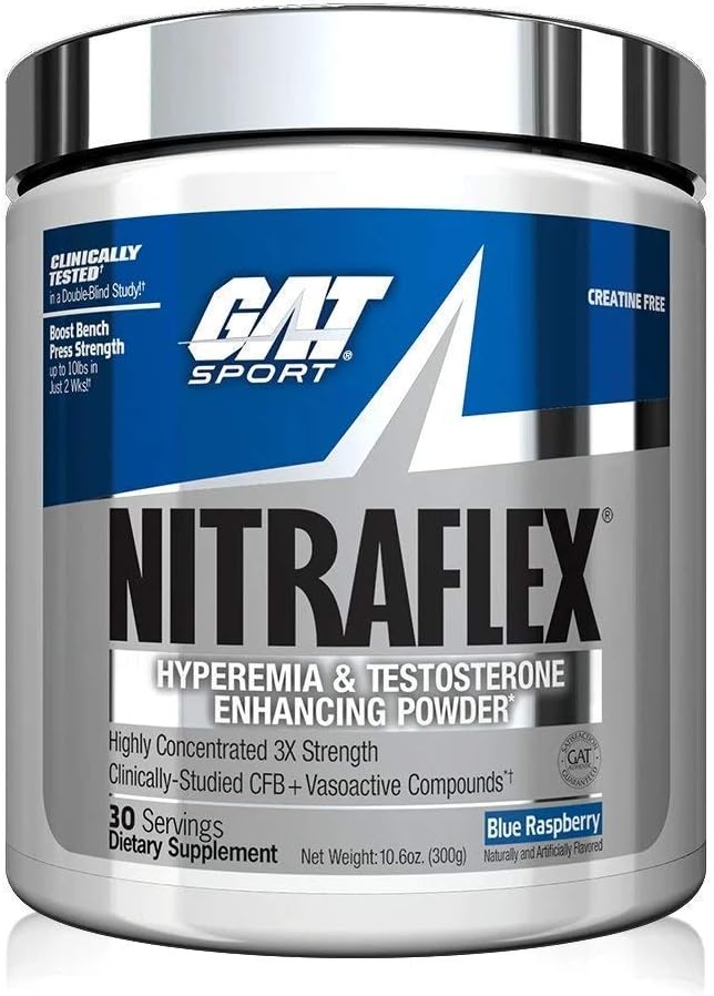 GAT Sport, NITRAFLEX Testosterone Boosting Powder, Increases Blood Flow, Boosts Strength and Energy, Improves Exercise Performance, Creatine-Free (Blue Raspberry, 30 Servings): Health & Personal Care