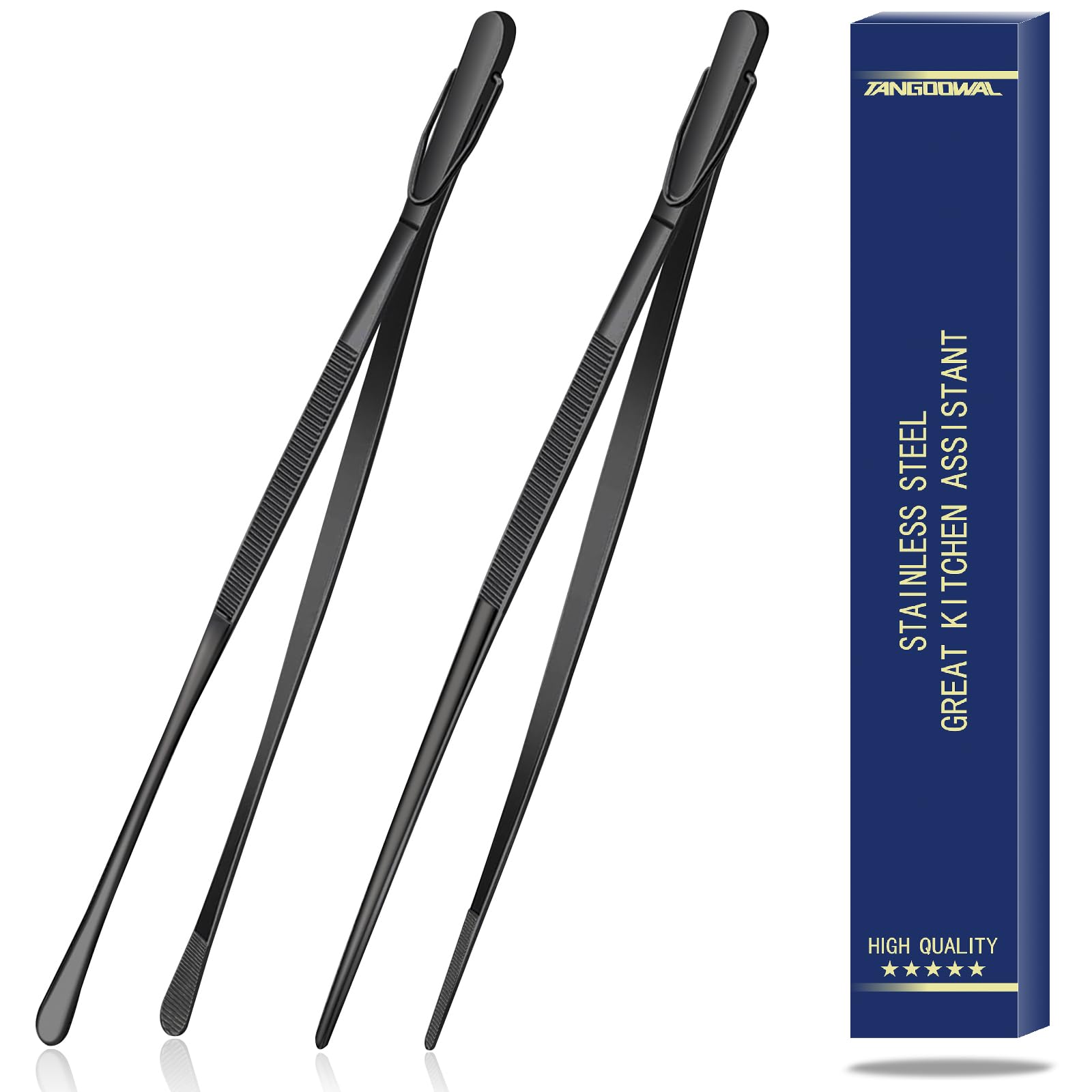 Tangoowal 2 Pcs 12-Inch Fine long Tweezers Tongs for Cooking, Stainless Steel Kitchen & Cooking Tweezers Tongs,Black