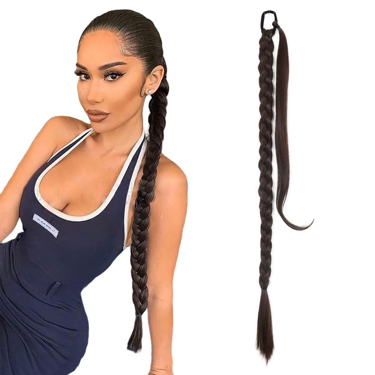 prinfantasy Braids Hair Extensions Hair 33 inch DIY Braided Ponytail Extension with Scrunchies Seamless Long Straight Pony Tail Hairpieces for Women Girls Resistant Fiber Soft 1s Natural Brown, MW265 — image 1