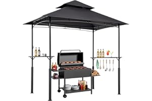 VEVOR Grill Gazebo, 8 x 5 ft Reinforced Outdoor BBQ Gazebo with Double-Tiered Roof, Powder-Coated Steel Patio Grill Shelter with 2 Side Shelves & 8 Hooks, Grilling Canopy for Patio Backyard Garden