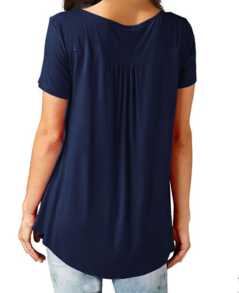 Eanklosco Women\'s Tops V Neck T-Shirts Swing Ruffle Blouses Button up Tunic Casual Flowy Long Sleeve (Navy Blue-Short Sleeve, L/UK 12)