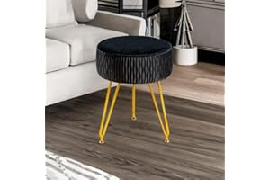 MOOWIND Velvet Vanity Stool for Makeup Modern Velvet Vanity Chair with Metal Legs Round Ottoman Foot Stool for Living Room Makeup Room Entryway Home Decoration (Black)