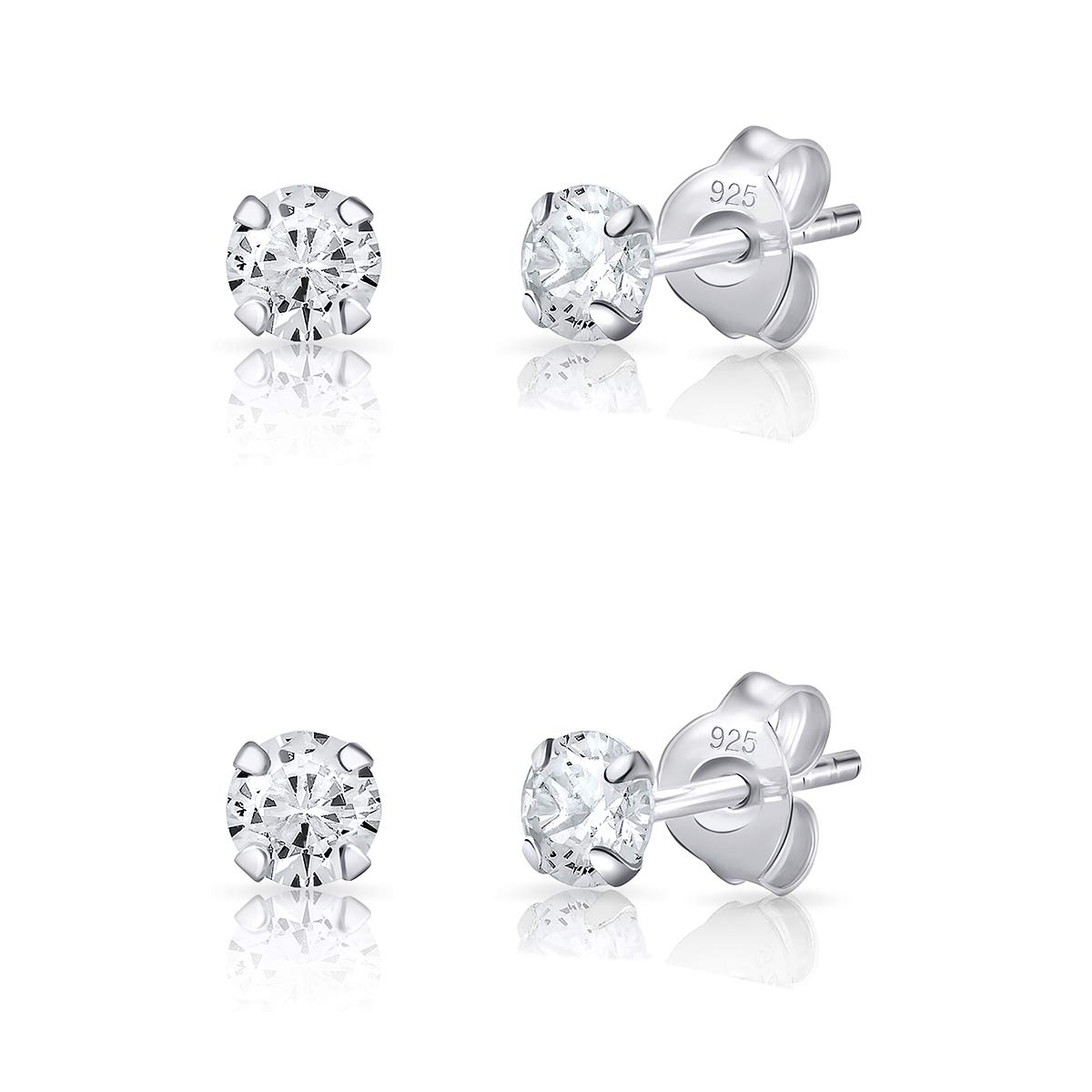 Set of 2 Pairs 925 Sterling Silver Stud Earrings with Cubic Zirconia CZ - Unisex Clear Studs Earrings for Women and Men - Hypoallergenic, Butterfly Back Studs - Diameter 4 mm