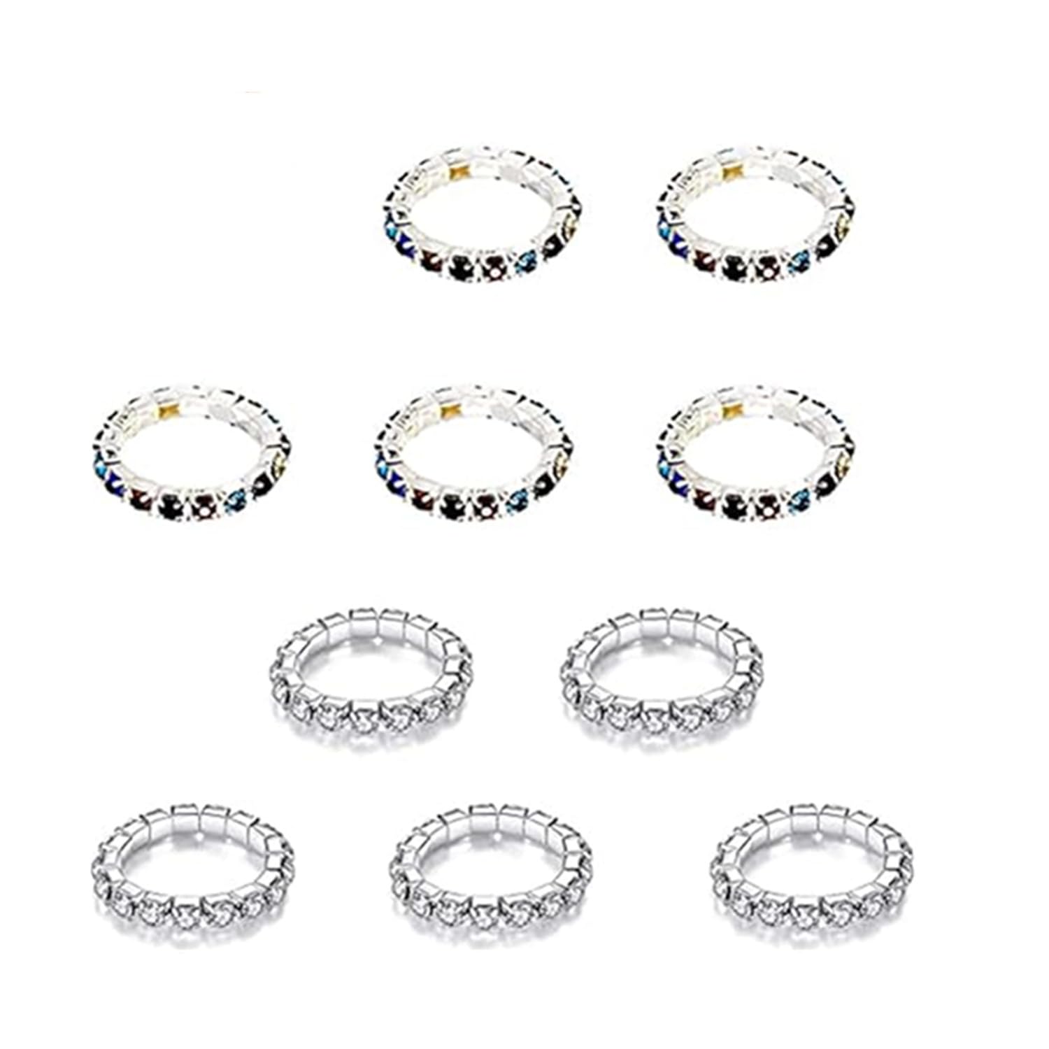 JinYu 10 Pcs Rhinestone 1 Rows Crystals Inlaid Paved Jewelry Stretch Elastic Finger Ring for Women Silver, Colorful