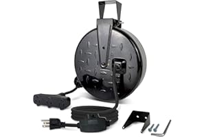 GREATIDE Retractable Extension Cord Reel, 16/3 SJTW Power Cord 30 Ft with 3 Electrical Outlets and 10 Amp Circuit Breaker, Ceiling or Wall Mount, Metal Plate, UL Listed, Grey