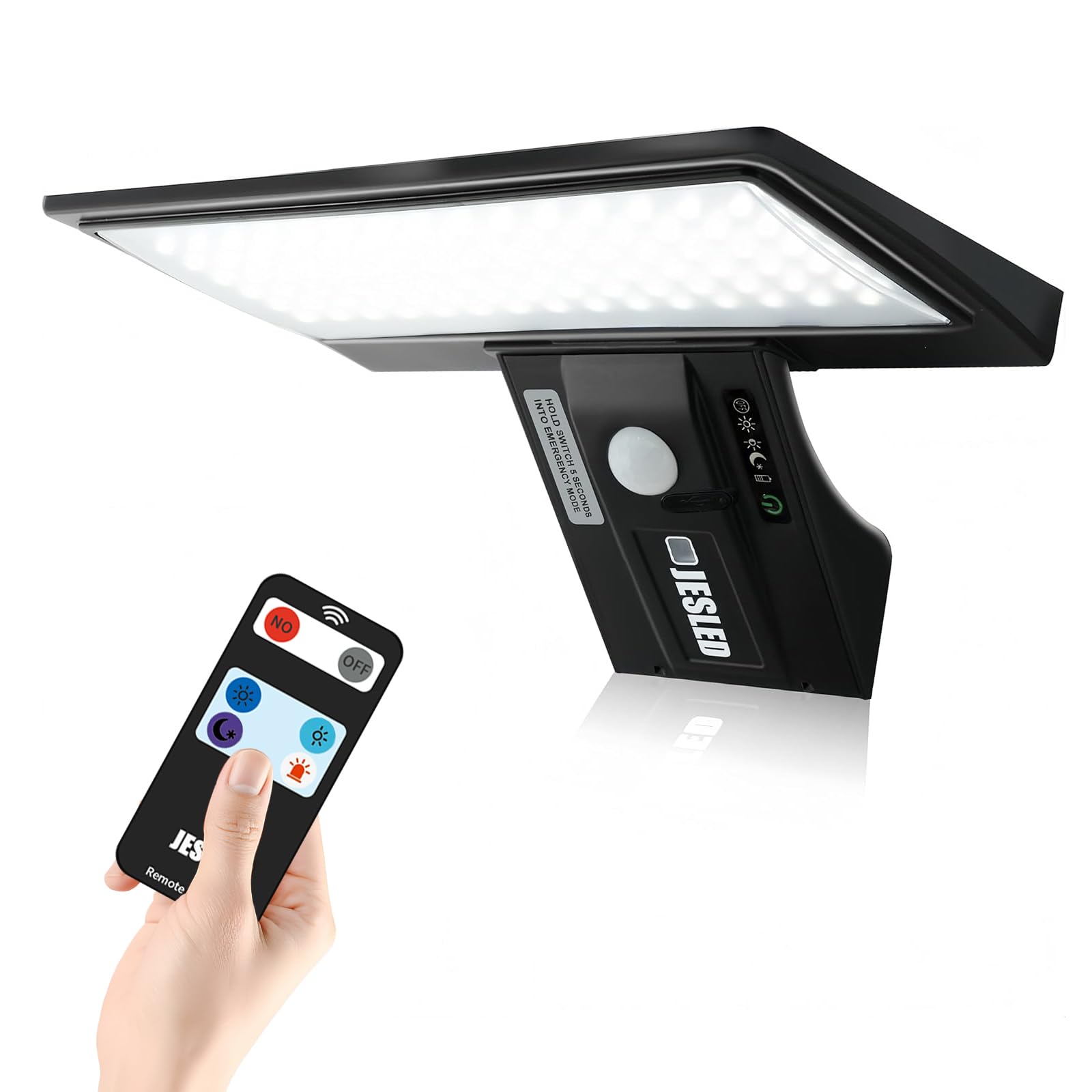 JESLED Solar Powered Lights Outdoor/Outside for Garden Fence Door Yard Pathway, 90 LED Solar Motion Sensor Security/Wall Lights Waterproof 2600mAh, USB Charging (1 Pack)