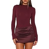 FWBBG Womens Bodycon 2 Piece Mini Skirt Set Long Sleeve Mock Neck Bodysuit Top Layered Satin Mini Skirts Party Club Dresses