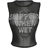 MakeMeChic Women's Plus Size Sparkly Tank Tops Mesh Sheer Crop Letter Sleeveless Y2k Going Out Top