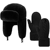 Chicingyou 2 Pcs Winter Trapper Hat and Gloves for Women Men Warm Ushanka Hat with Ear Flaps Cozy Thick Mittens Gloves