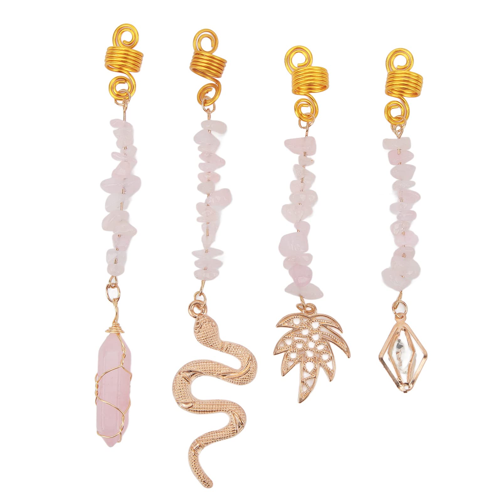 4pcs Stone Pendant for Hair Braiding, Different Pendants Hair Dreadlocks Rings Gold Spring Exquisite Pink Stones Hair Jewelry for Braids