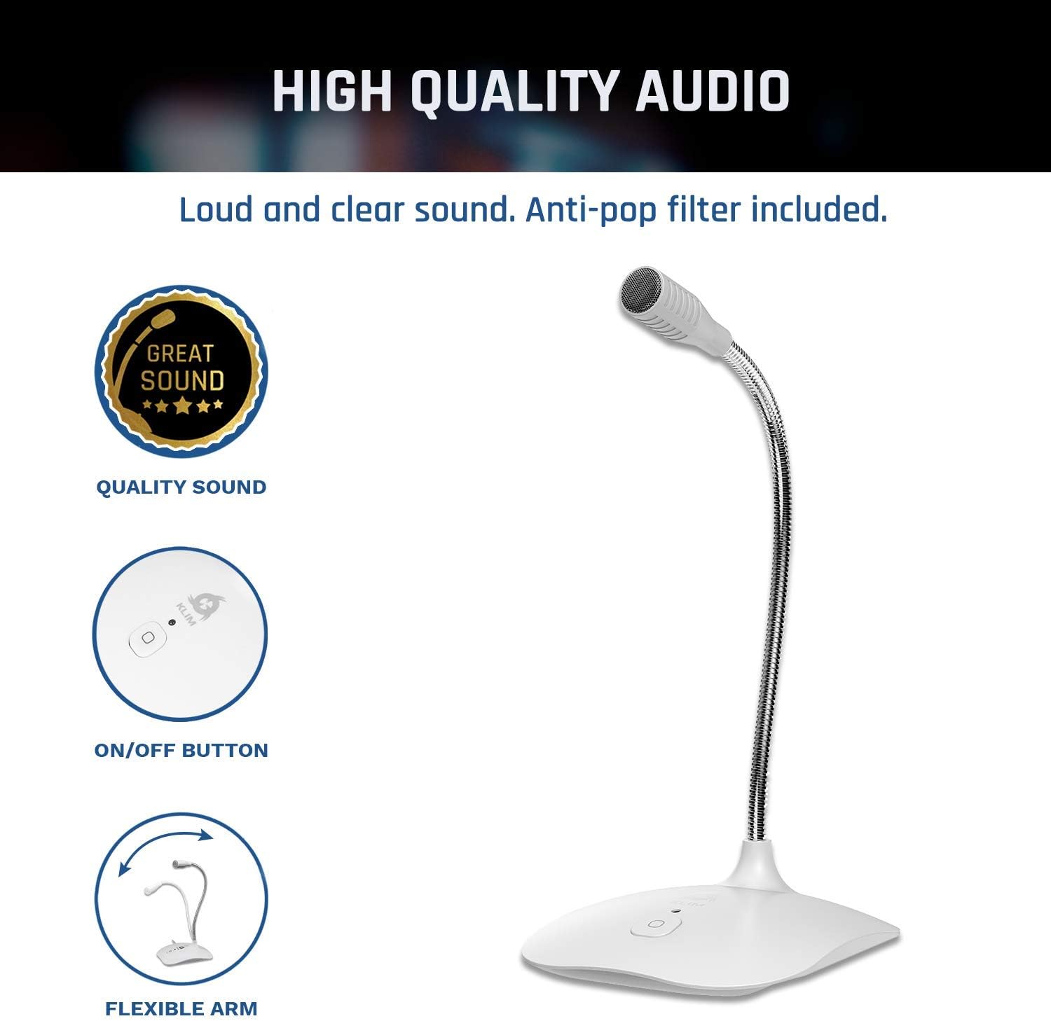 KLIM Talk - USB Desk Microphone for Computer - Compatible with Any PC, Laptop, Mac, PS4 - Professional Desktop Mic with Stand - Recording, Gaming, Streaming, YouTube, Podcast Mics - White: Home Audio & Theater