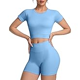 OVESPORT 2 Piece Workout Sets for Women Impact Crop Top Shirts and Seamless Gym Shorts Outfits