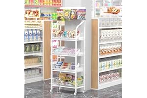4 Tier Retail Snack Rack Display Stand,White Metal Candy Rack with Wheels and 10 Hooks Snacks Display Rack Sturdy and Stable 