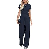 Nimsruc Women's 2 Piece Lounge Sets For Women Summer 2025 Ruched Short Sleeve Tops Wide Leg Pant Sets Tracksuit