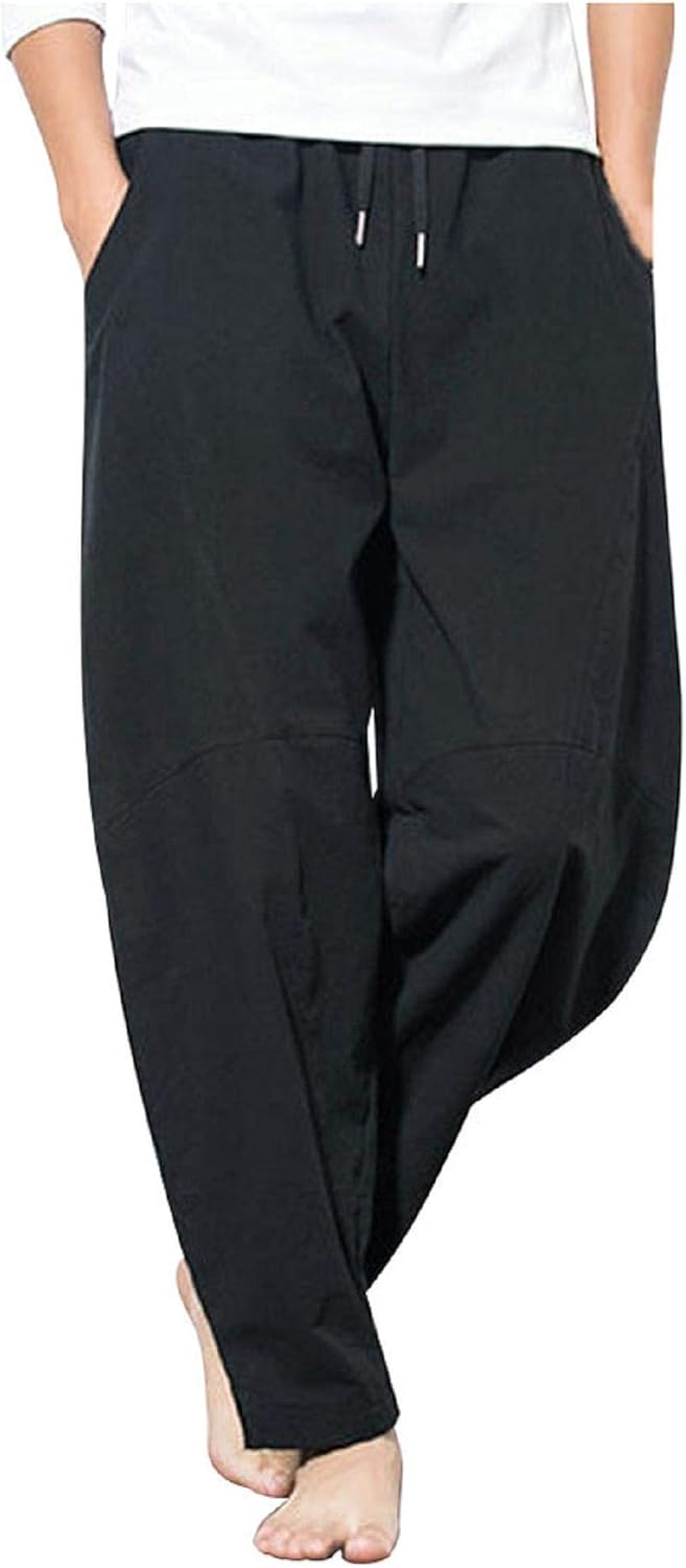 Mens Cotton Linen Trousers, Casual Loose Straight Leg Yoga Beach Pants