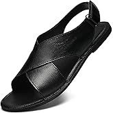 Men's Genuine Leather Handmade Strappy Flat Sandals Adjustable Back Hook and Loop Open Toe Outdoor Sandals Summer Casual Vacation Beach Sandals
