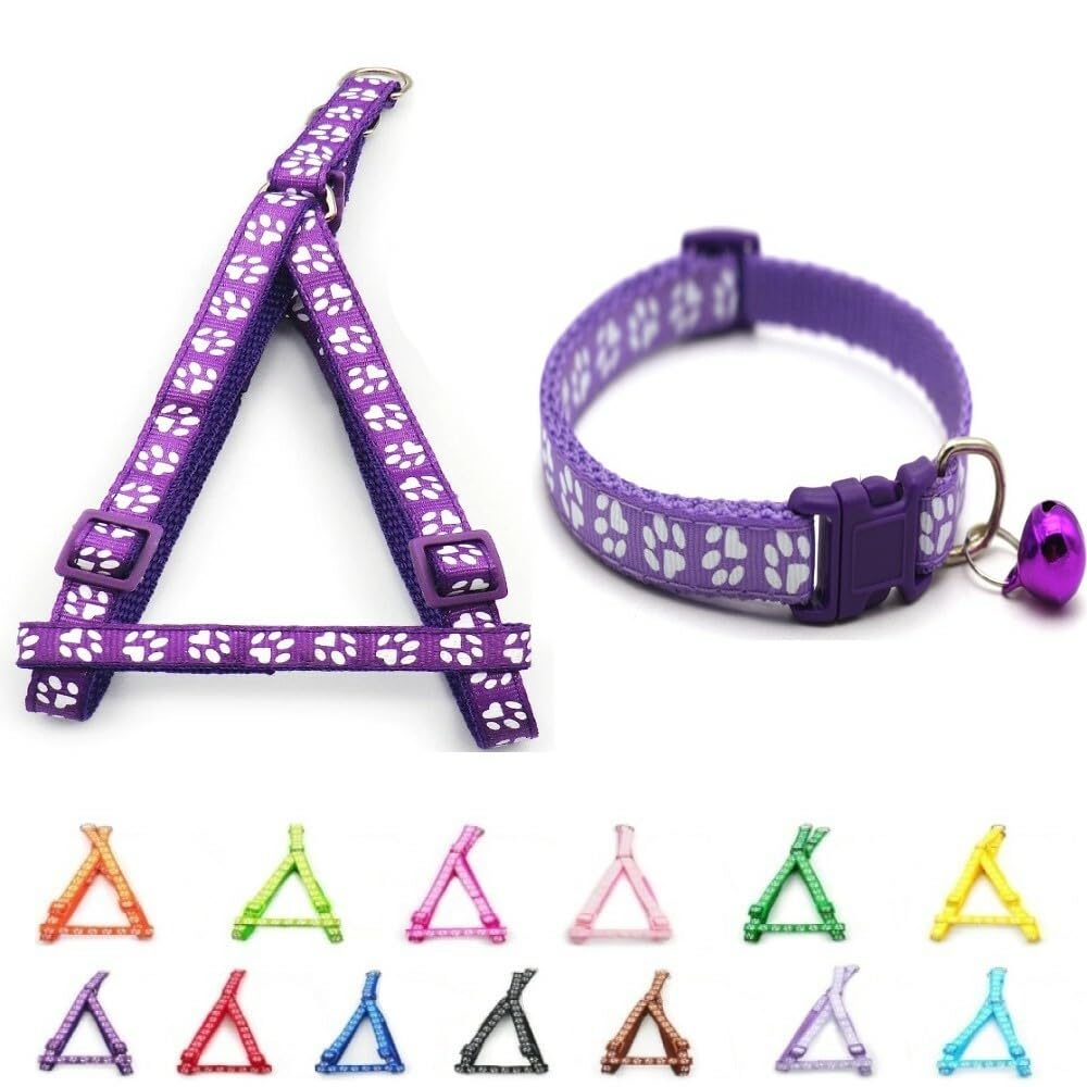 Small Dog Puppy Pet Collar and Harness Set Pawprint Design Nylon Adjustable Neck Size 19-32cm and Chest Size 21-34cm Purple