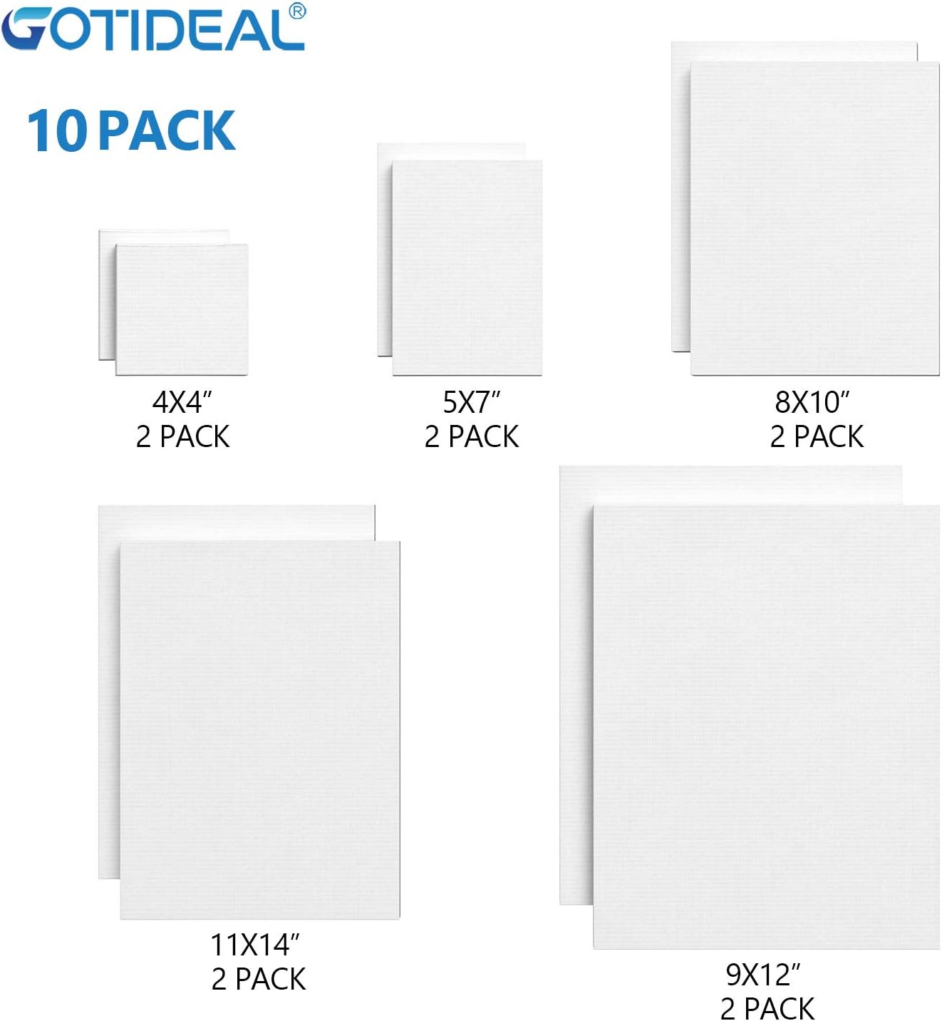 GOTIDEAL Stretched Canvas, Multi Pack 4x4", 5x7", 8x10", 9x12", 11x14" Set of 10, Primed White - 100% Cotton Artist Canvas Boards for Painting, Acrylic Pouring, Oil Paint Dry & Wet Art Media