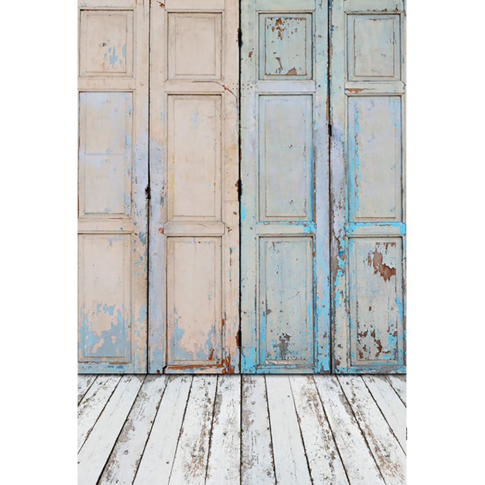 YongFoto 5x7ft Vinyl Photography Backdrop Shabby Blue Wood Door White Floor Wooden Interior Backdrops for Photo Shoots Newborn Lovers Party Adult Kids Baby Portrait Photo Background Studio Props
