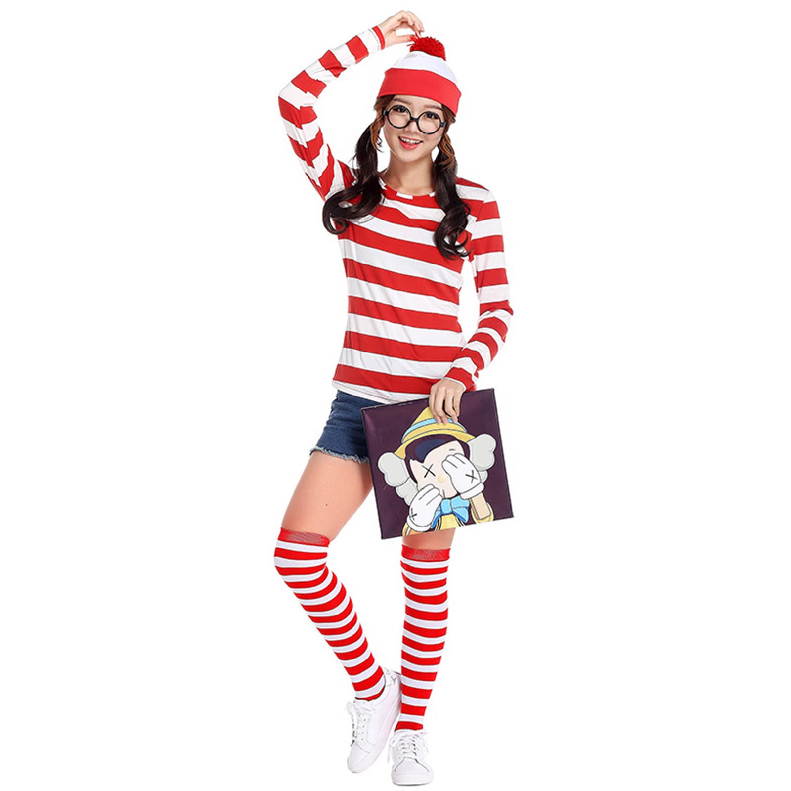 Feeziloe Women Where's Wally Kit, Top Hat Glasses Socks Costume Set, Red and White Top Fresher Costume Book Day Fancy Dress (L)