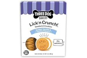 Three Dog Bakery Lick'n Crunch! Golden & Vanilla Dog Sandwich Cookies, 20 Count – Dog Treat Cookies, Puppy Cookies with Real Ingredients, Dog Birthday Cookies, Dog & Puppy Training Treats