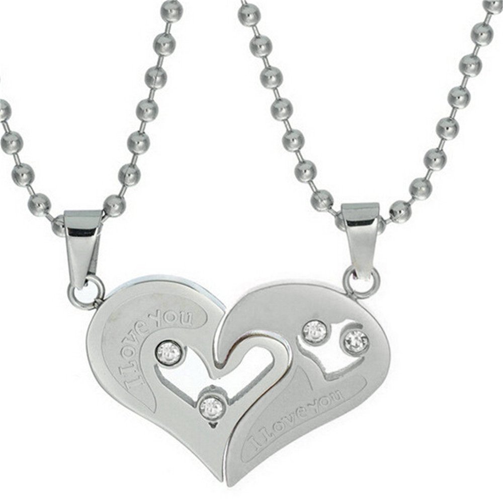Uloveido 2 Pcs Couples Stainless Steel Half Heart Necklaces I Love You Puzzle Matching Pendants for Girlfriend and Boyfriend (White) — image 1