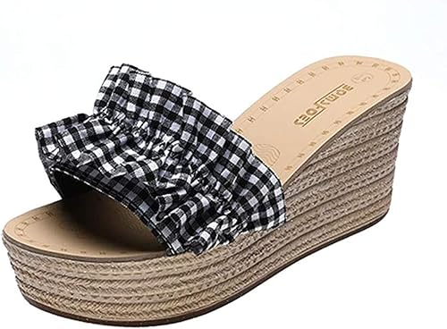 Amazon Co Jp Augustagainaz レディース 厚底 サンダル ミュール チェック柄 サンダル ウェッジソールサンダル ミュール レディース 厚底サンダル スリッパ プラットフォーム スポーツサンダル ミュール 脚長 身長up ギャル 可愛い かわいい カワイイ 夏 ブラック