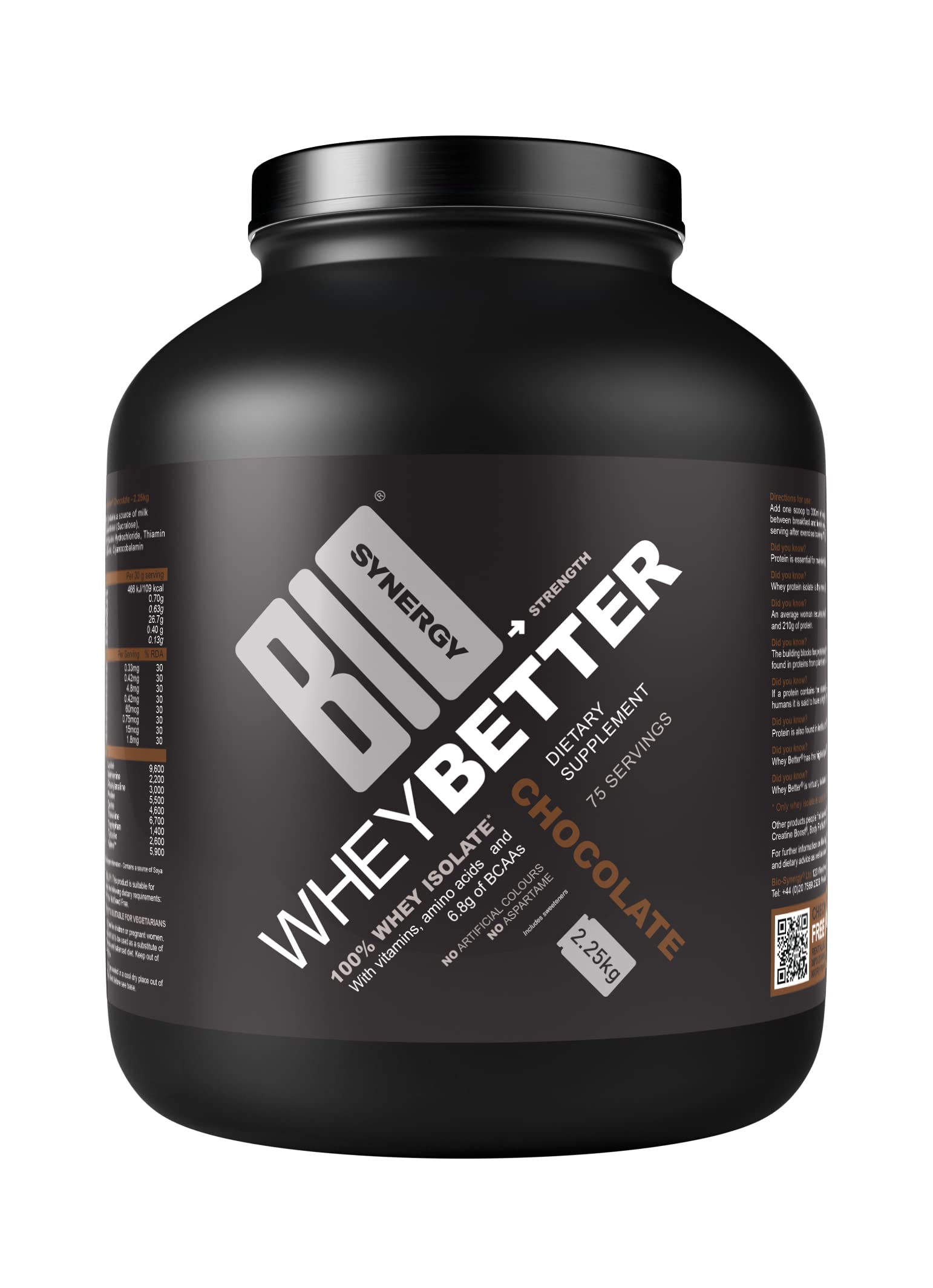Bio-Synergy Whey Better Diet Whey Protein Powder, 100% Whey Isolate Packing 92% Protein, 1% Fat and 0 Carbs, 6.8g BCAA's, Daily Whey Nutrition Protein, 75 servings, 2.25kg Chocolate Flavour