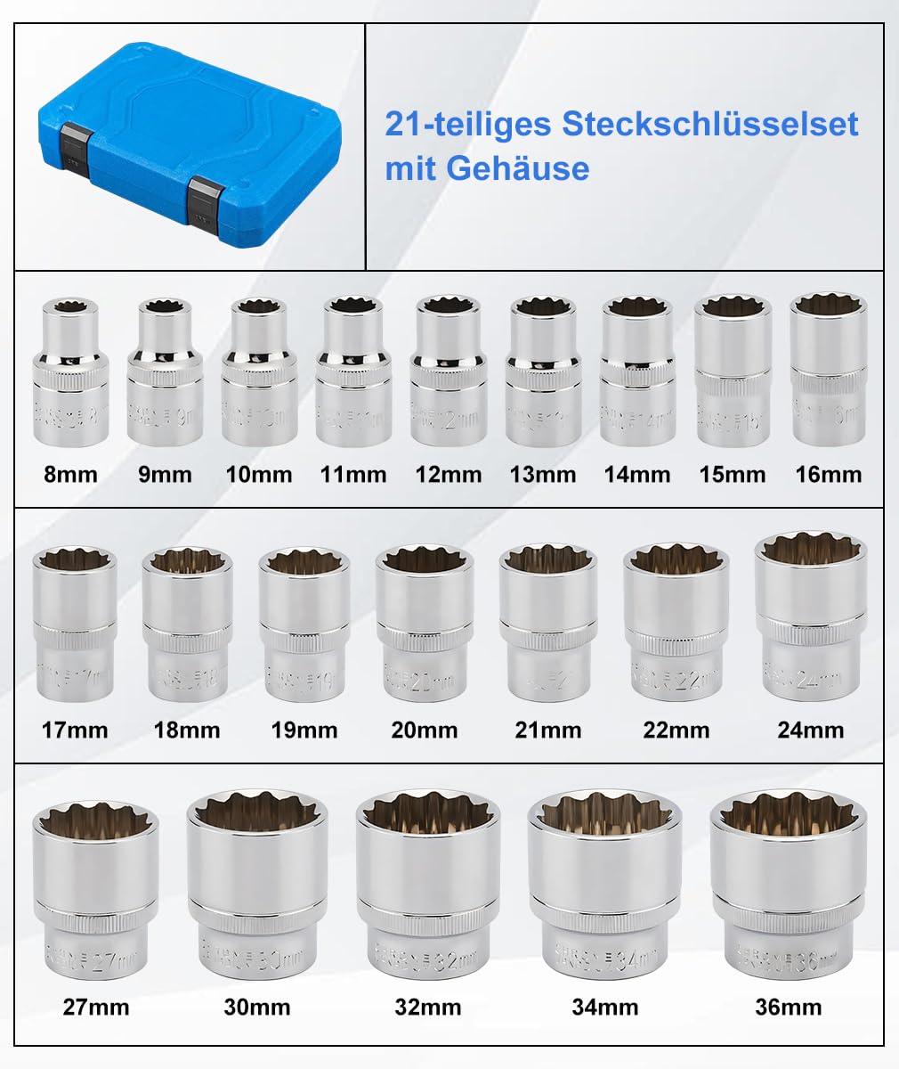 21tlg 1/2'' Vielzahn Nuss Satz,Vielzahn Steckschlüssel Nusskasten, Steckschlüssel Set 8-36mm 12 Kant Außenvielzahn Torx Stecknüsse Satz Stecknuss Nusskasten Universal Satz 5