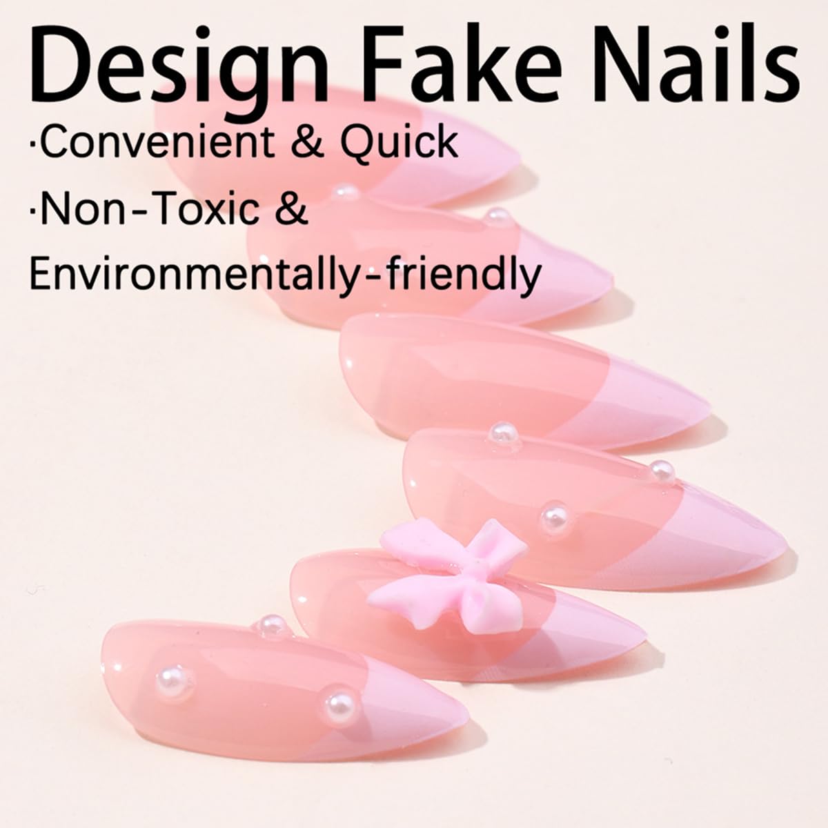 24pcs French Press on Nails, Almond Shape, Pink, with Bow & Pearl Design, French Tip, Luxury Glue on, Full Cover Artificial Nails for Women - Image 3