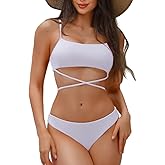 EHSUYAB Sexy Women Ribbed Two Piece Bikini Set, Scoop Neck Underboob Criss Cross Swimsuit, High Cut Cheeky Bathing Suit Beach