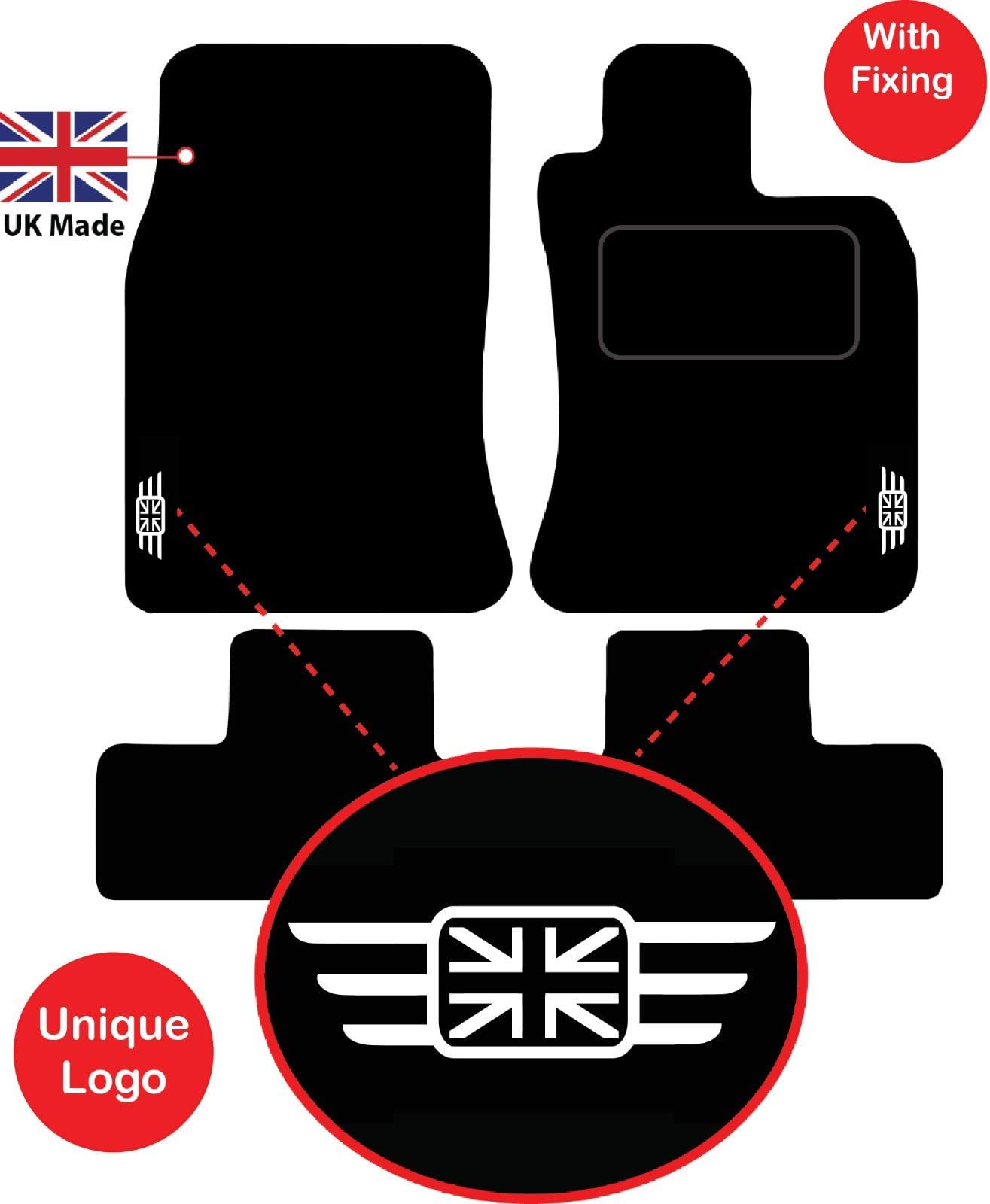 Lusso Carpet Floor Mats for Car | Tailored/Compatible to Fit Mini Cooper R50 R53 from 2001 to 2006 | Front & Rear with Heel Pad | 4-Piece Set (Black Edging)