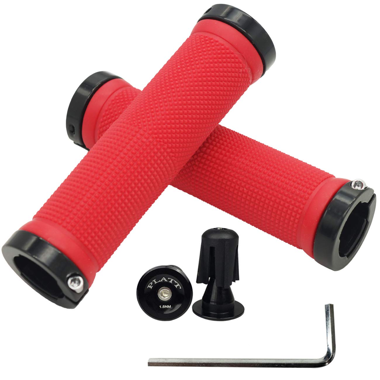 PLATT Bike Handlebar Grips with Aluminum Lock Non-Slip Rubber Bicycle Handle Grip for MTB/BMX (Red)