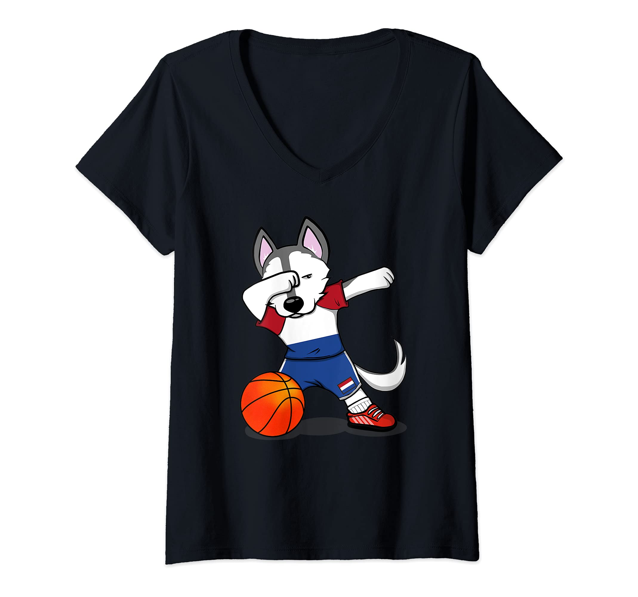 Womens Dabbing Husky Netherlands Basketball Fans Jersey Dutch Flag V-Neck T-Shirt