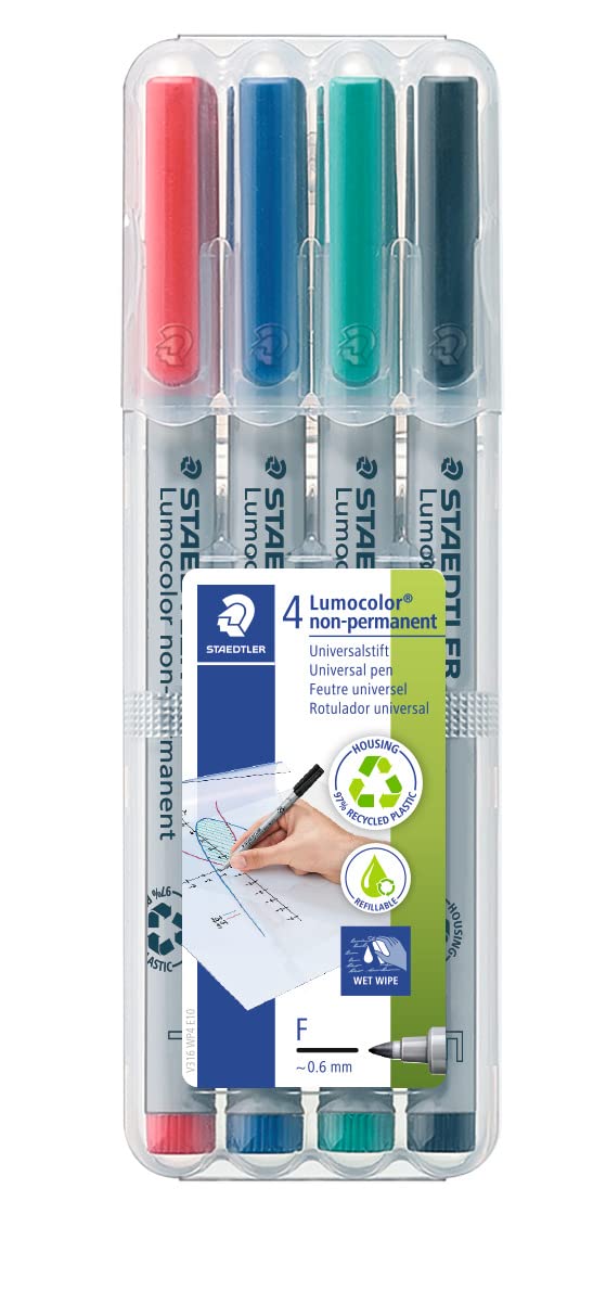 STAEDTLER Non-Permanent Marker Pens - Lumocolor - Fine Tip - 0.6mm Line Width - Pack of 4, 316 WP4