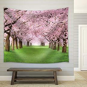 Rows of Cherry Blossom Trees in a Green Field - Fabric Tapestry, Home Decor - 51x60 inches