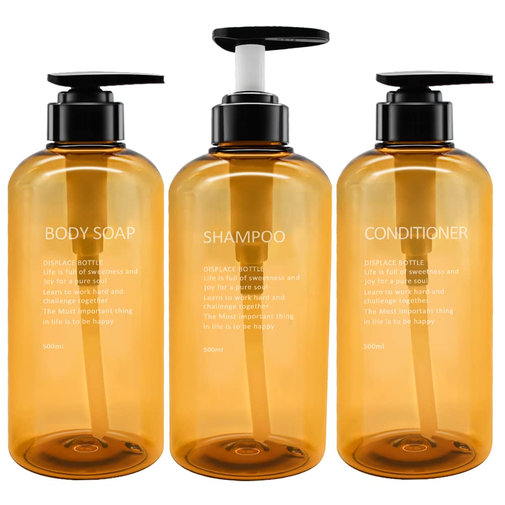 3 Pack Refillable Shampoo and Conditioner Bottles, 500ml Plastic Empty Shampoo Conditioner Dispenser for shower, Shampoo Bottle Pump Dispenser for Bathroom or Hotel Amber