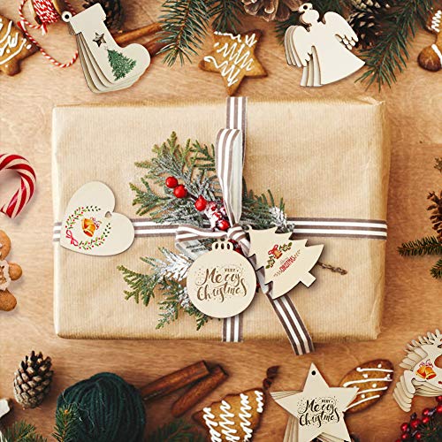 LovesTown 60 Pcs Unfinished Christmas Wooden Ornaments, Unpainted Christmas Ornaments 12 Styles Craft Wood Kit with 60 Pcs Colored Jingle Bells DIY Christmas Ornaments for Holiday Decoration