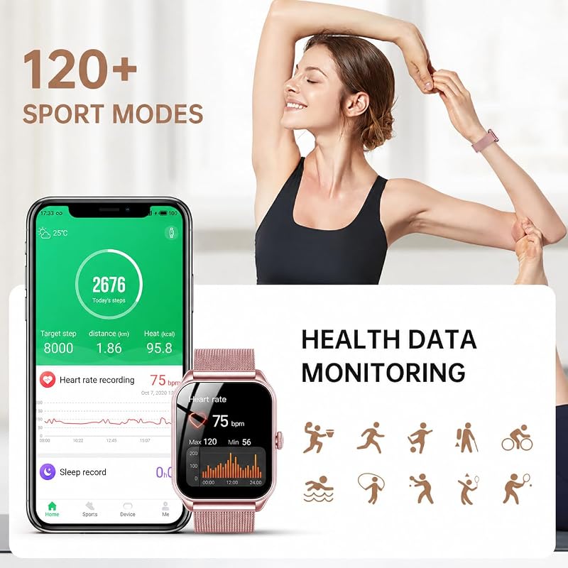 Smartwatch Damen mit Telefonfunktion, 1,83" Zoll Touchscreen Fitness Tracker, 120+ Sportmodi, IP68 Wasserdicht Smart Watch mit Herzfrequenz, Schlafmonitor, Schrittzähler für iOS Android (Rose) — Foto 3 von 7